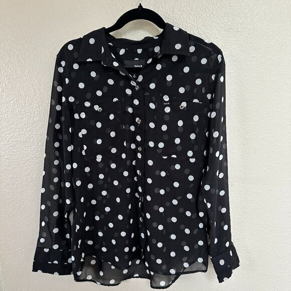 Hurley Black and White Polka Dot‎ Womens Long Sleeve Blouse Size Large - Picture 1 of 7